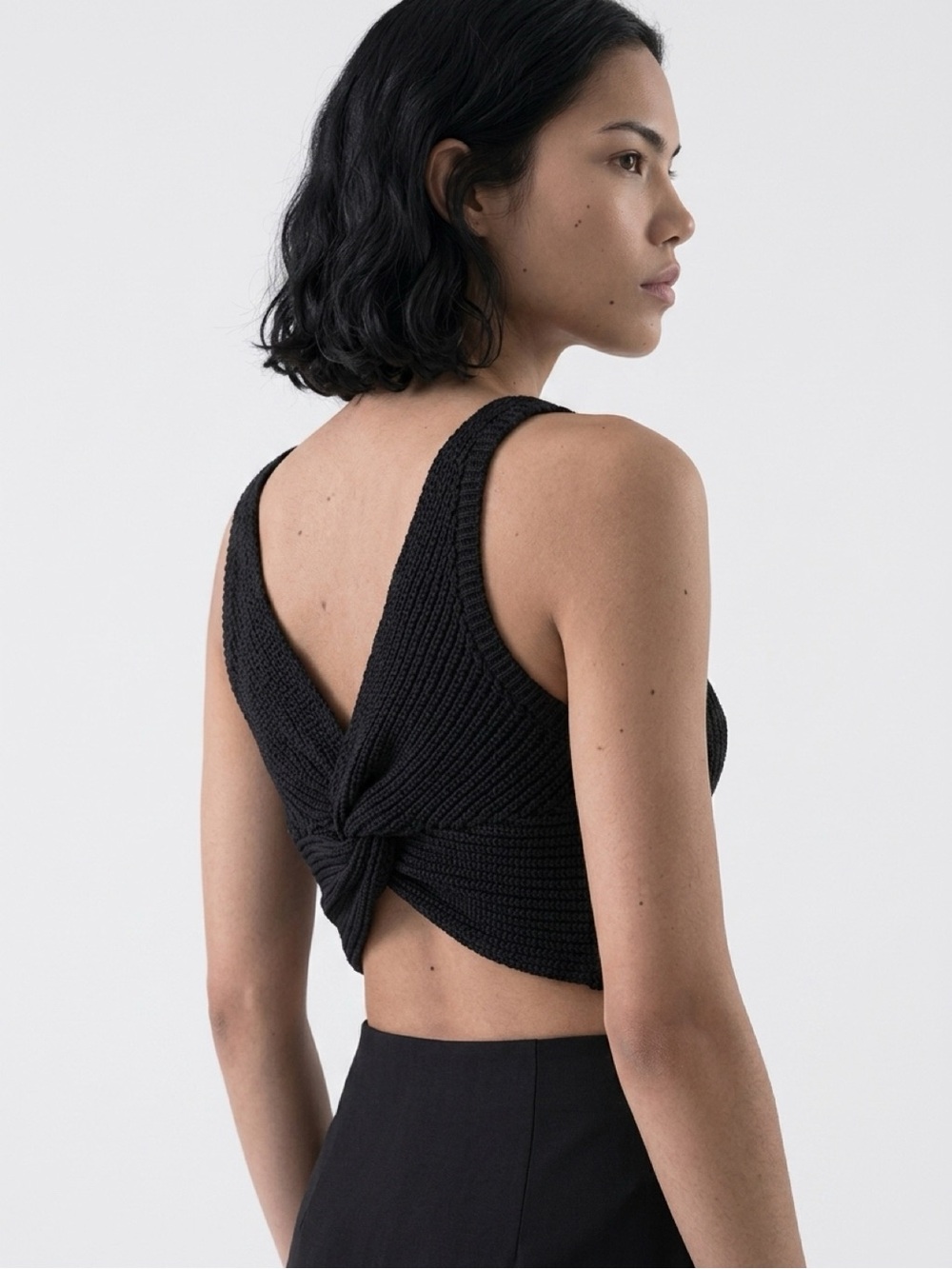 Black Twist-Back Knit Crop Top
